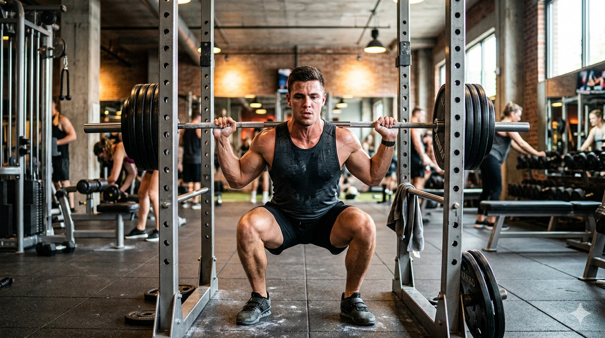 Ein Sportler steht vor zwei Kettlebells und symbolisiert Fitness-Mythen