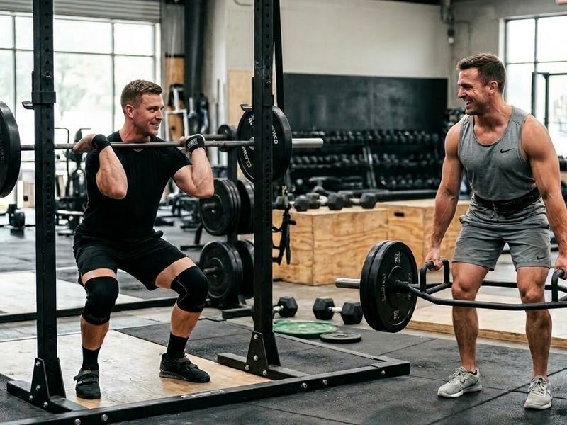 Zwei Männer nutzen einen Langhantel Test um im Gym die richtige Langhantel zu verwenden