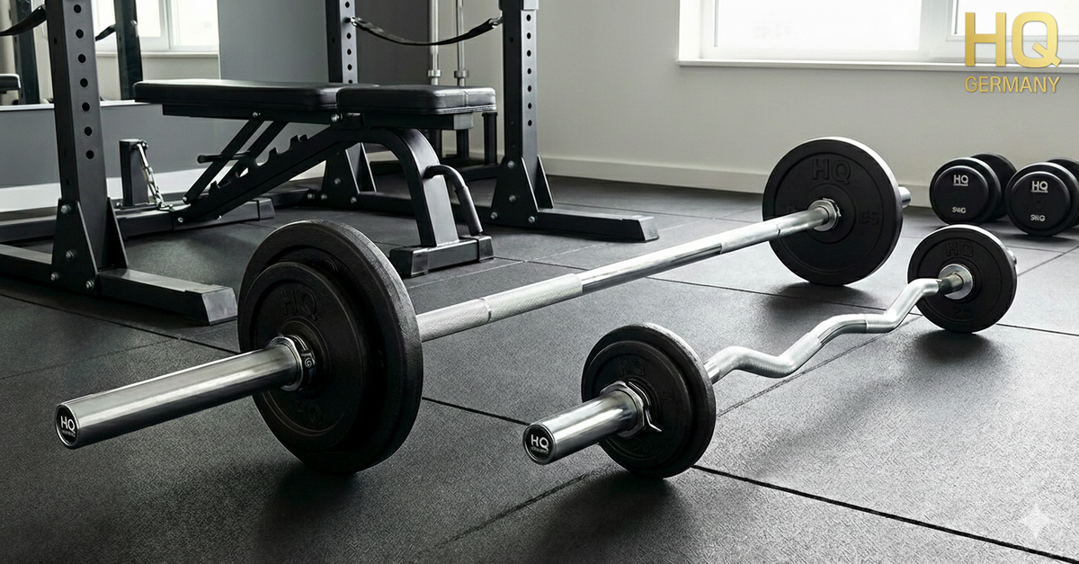 SZ oder Langhantel: beide Stangen liegen in einem Homegym nebeneinander 